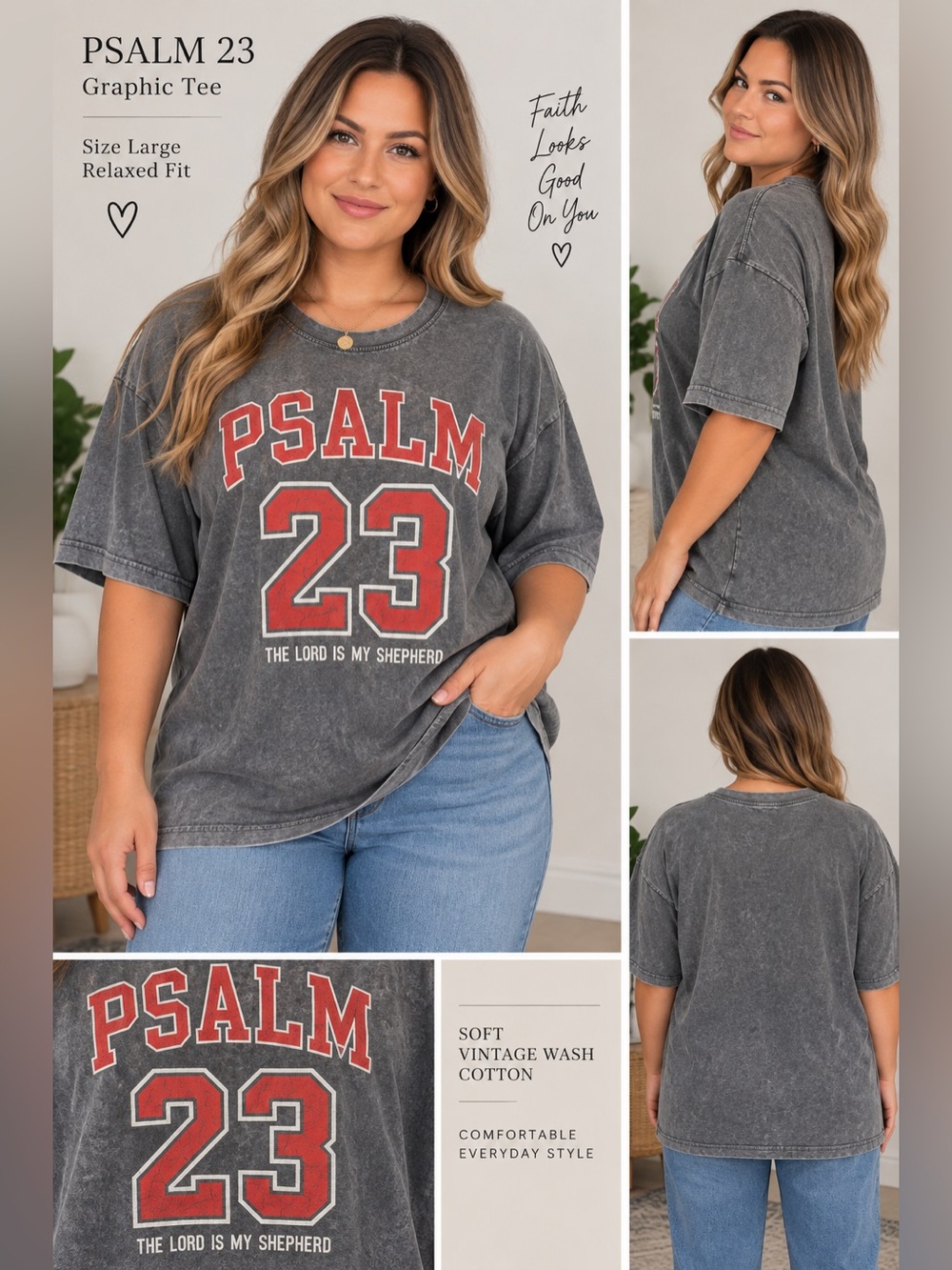 Vintage Wash Psalm 23 Graphic Tee - Gray with Red Print